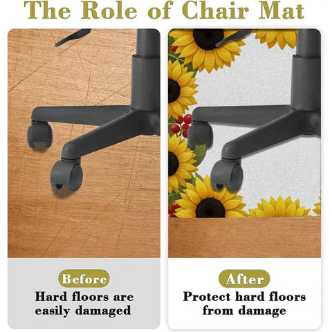 Non Slip Round Furniture Pad For Hardwood Floors With Printed Fabric Top Durable Polyester 0.23 Inch Thick Keeps Furniture From Sliding And Scratches shown protecting floors from chair wheels damage.