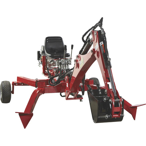 Towable Backhoe Trencher With 15 HP Gas Engine 80 Inch Digging Depth 14 Inch Wide 3 Tooth Bucket 60 Degree Boom Rotation
