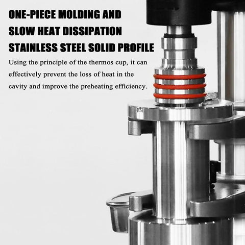 Pro Level Hand Pump Espresso Maker With Rock Solid Build And Kicker 16 Bar Pressure Portable Stainless Steel Coffee Press close-up of stainless steel components.