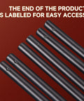 Close-up of Pro Grade 3 Piece Prong Punch Tool Set for Leather Crafting showing labeled punch ends on dark background.