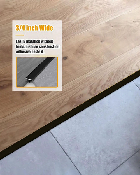 Rugged Aluminum T Molding Floor Transition Strip 36 Inch By Three Quarter Inch Matte Black Doorway Edge Trim shown on wood floor