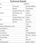 Technical specifications for Three Core 16 Gauge Extension Wire with tinned copper and PVC insulation details.