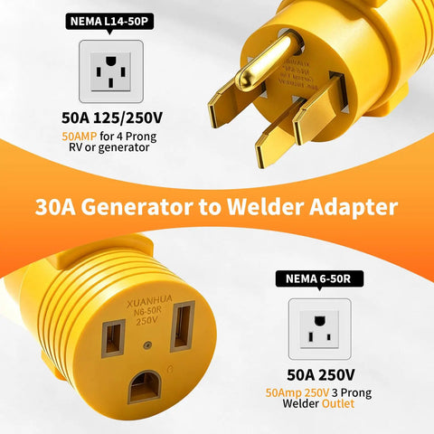Heavy Duty Nema 14 50P To 6 50R Welder Adapter Cord 50 Amp plugs showing generator to welder connection for reliable use.
