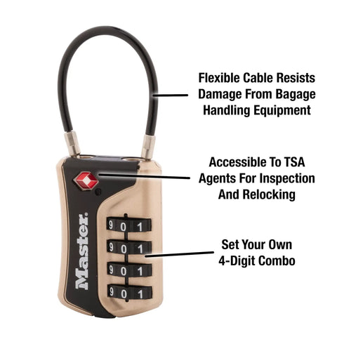 Set Your Own Combination TSA Approved Luggage Lock For Travel Security, 1 Pack, featuring flexible cable and 4-digit combo