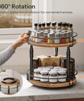 Smooth Spin Two Tier Lazy Susan Spice Rack Organizer With Adjustable Height For Kitchen Counter And Cabinet Storage Rustic Brown Finish with spices.