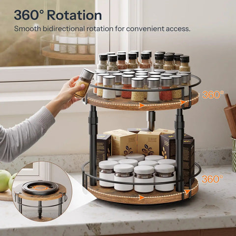 Smooth Spin Two Tier Lazy Susan Spice Rack Organizer With Adjustable Height For Kitchen Counter And Cabinet Storage Rustic Brown Finish with spices.