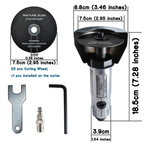 3 Inch Air Cut Off Tool Kit With 18,000 RPM Pneumatic Cutter, Die Cast Aluminum Body, 26 Cutting Wheels Set Including 25 Extras And 1 Installed; 3-inch wheel and tool dimensions shown