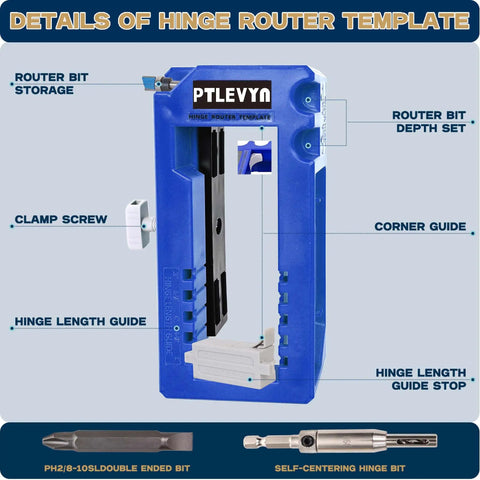 Pro Grade Door Hinge Mounting Template Kit With Mortise Opener And Locking Clips For Three To Five Inch Hinges showing detailed features like clamp screw and bit storage.