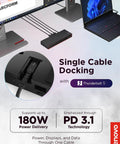 Plug And Play Thunderbolt 5 Docking Station Boasting 180W Output For Smooth Triple 8K Displays And Snappy Data Transfers For High Performance Workstation Setups Black with connected cables.