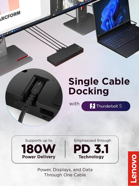 Plug And Play Thunderbolt 5 Docking Station Boasting 180W Output For Smooth Triple 8K Displays And Snappy Data Transfers For High Performance Workstation Setups Black with connected cables.