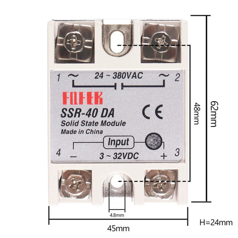 Close-up of a single solid state relay, SSR-40 DA, 3-32V DC input, 24-380V AC output from set of 3 40A solid state relay module