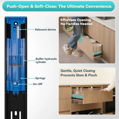 Push To Open Soft Close Drawer Slides 1 Pair, Full Extension Ball Bearing Side Mount, 100 Lb Capacity, 22 Inch Length, illustration