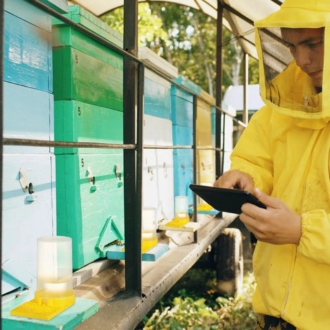 Beekeeper in yellow suit checking tablets near beehives using 8 Pack Bee Water Feeders For Beehives, Beekeeping Watering Station