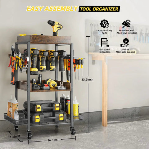 Power Tool Organizer Rolling Cart For Garage Storage And Workshop Organization Tool Rack And Drill Holder Shelving On Wheels