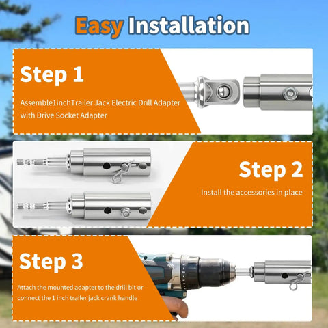 Installation steps for Heavy Duty Trailer Jack Drill Adapter For One Inch Square Drive Shafts with assembly instructions.
