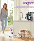 32 Count Disposable Power Mop Refills For Swiffer Power Mop, Deep Cleaning Pads With Built In Scrubbing Strips For Quick, Mess Free Sweep And Streak Free Shine. Woman mopping kitchen floor with dog nearby