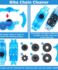 Bike Chain Cleaner kit showing blue scrubber parts, bristles, and gear brushes for Bike Chain Cleaner Kit With Chain Lubricant And Biodegradable Degreaser.