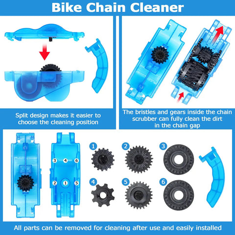 Bike Chain Cleaner kit showing blue scrubber parts, bristles, and gear brushes for Bike Chain Cleaner Kit With Chain Lubricant And Biodegradable Degreaser.