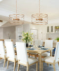 Two Dope Gold Drum Chandelier Three Light Pendant Ceiling Light For Kitchen Island Dining Room Living Room And Entryway Modern Gold Hanging Fixture With Elegant Drum Shade above dining table.