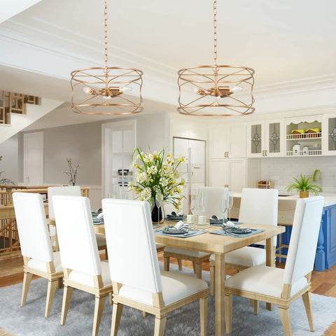 Two Dope Gold Drum Chandelier Three Light Pendant Ceiling Light For Kitchen Island Dining Room Living Room And Entryway Modern Gold Hanging Fixture With Elegant Drum Shade above dining table.