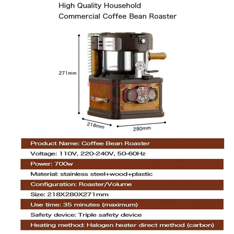 Smart Coffee Roaster With 150 Gram Capacity, Three Mode Bean Roasting Machine featuring stainless steel, wood and plastic materials.