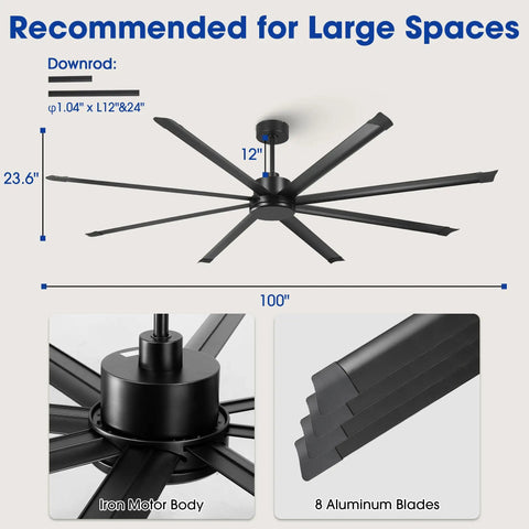 Monster 100 Inch Ceiling Fan No Light With Remote Control, Industrial Black High Airflow For Large Spaces, 8 Blades