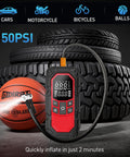 Grab-And-Go All-In-One Jump Starter With Air Compressor And Tire Inflator, showing digital gauge and tire in use