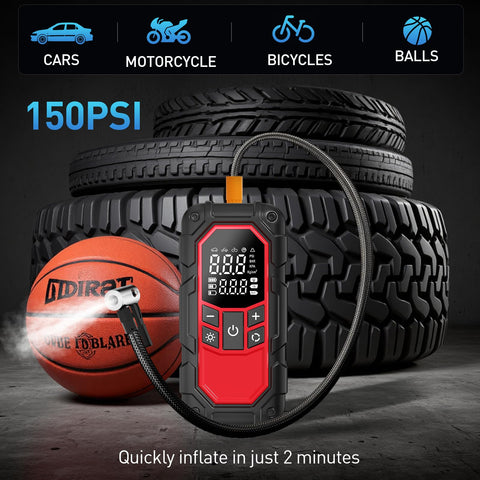 Grab-And-Go All-In-One Jump Starter With Air Compressor And Tire Inflator, showing digital gauge and tire in use