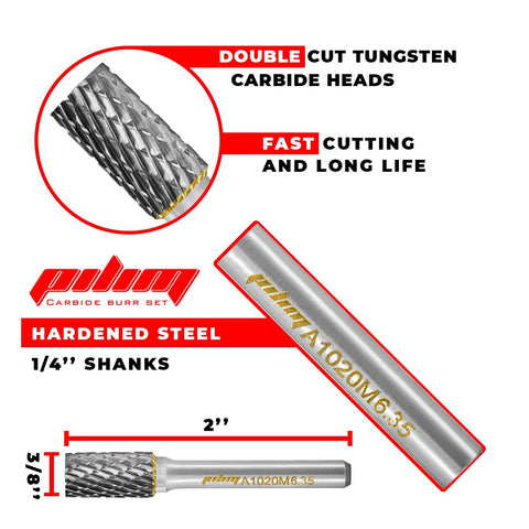 Tungsten carbide burr set, 1/4-in shanks, 10-piece double-cut rotary burrs for steel and wood engraving