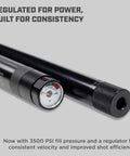 Close-up of Hard Hitting .25 Caliber PCP Air Rifle with 3500 PSI gauge, black finish barrel, built for hunting and target shooting