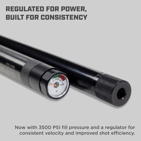 Close-up of Hard Hitting .25 Caliber PCP Air Rifle with 3500 PSI gauge, black finish barrel, built for hunting and target shooting