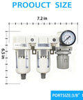 Front view of 3/8 Inch NPT Compressed Air Filter And Regulator Combo with water and oil trap, pressure gauge, and poly bowl.