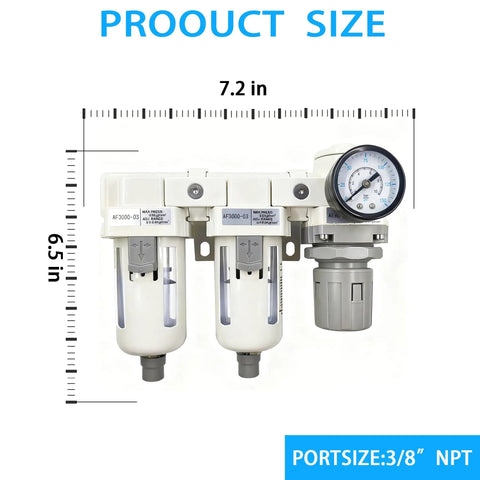 Front view of 3/8 Inch NPT Compressed Air Filter And Regulator Combo with water and oil trap, pressure gauge, and poly bowl.