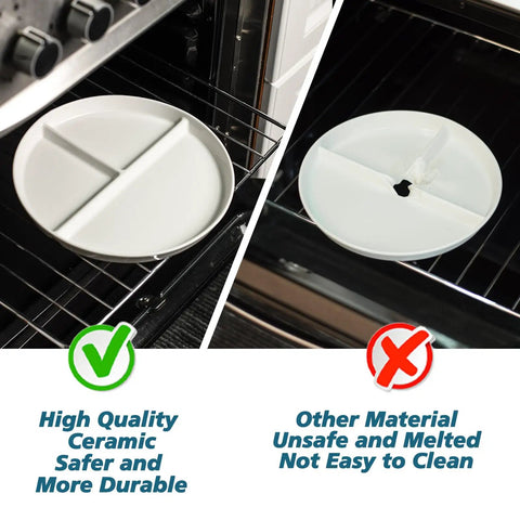 Comparison of Ten Inch Ceramic Divided Plates Set Of Four With Three Compartments showing durability vs. melted material in oven.