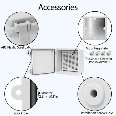 Hella Weatherproof Abs Plastic Junction Box IP65 Rated showing ABS plastic latch, mounting plate, and lock hole details.