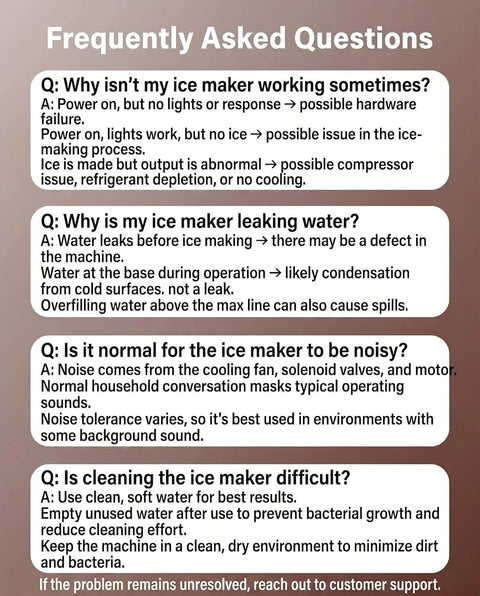 Frequently Asked Questions about the Self Cleaning Countertop Ice Maker Slams Out Bullet Ice In Six Minutes Whisper Quiet Operation.