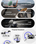 MagSafe Car Mount Charger With 15W Wireless Magnetic Phone Holder Suction Mount For Car And Truck Compatible With IPhone 12 Through 17 Pro Max Easy One Step Install Strong Seal PD 18W Power Recommended showing triaxial rotation and mounting options on car dashboard, console, and display.