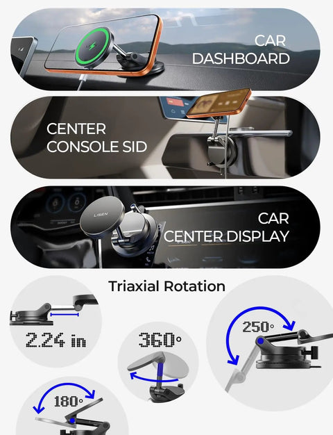 MagSafe Car Mount Charger With 15W Wireless Magnetic Phone Holder Suction Mount For Car And Truck Compatible With IPhone 12 Through 17 Pro Max Easy One Step Install Strong Seal PD 18W Power Recommended showing triaxial rotation and mounting options on car dashboard, console, and display.