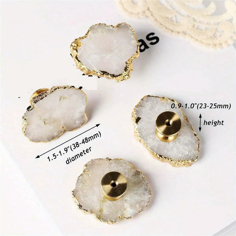 Fresh White Geode Cabinet Knob Set With Slick Gold Plated Crystal Drawer Pulls And Easy Install Gemstone Cupboard Handles for kitchen bathroom, close-up view.