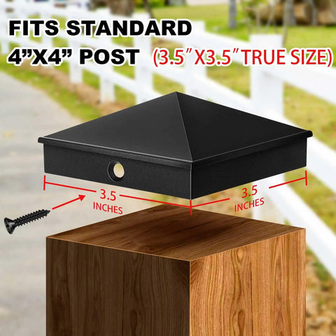 Aluminum Pyramid Post Cap for 4x4 Wood Posts Black Outdoor Deck Fence Post Cap with Screw shown on 3.5 inch wooden post