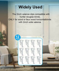 Clean 2 Inch Window Blind Valance Clips 12 Pack Heavy Duty Plastic Snap Holders displayed on a modern sofa in a sunlit room.