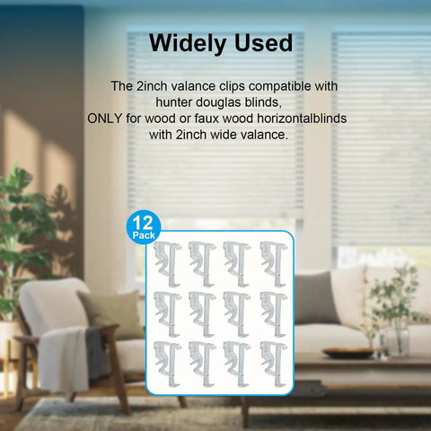 Clean 2 Inch Window Blind Valance Clips 12 Pack Heavy Duty Plastic Snap Holders displayed on a modern sofa in a sunlit room.