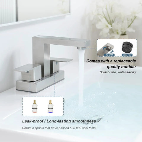 4 Inch Brushed Nickel Centerset Bathroom Faucet With Pop Up Drain, 2 Handle, Fits 2 Or 3 Hole Sinks, Stainless Steel Build, water flowing