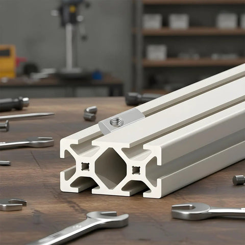Aluminum extrusion rail with 1/4-20 T-slot nut installed, ideal for CNC projects; part of a Twenty Pack 1/4-20 T Slot Nuts With Ball Spring For 10 Series Aluminum Extrusion Rails Beefed Up Carbon Steel With Silver Plated Finish Easy Tightening And Solid Fit For CNC DIY Projects And Custom Woodworking.