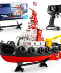RC Fire Rescue Boat With 2 4GHz Remote Water Spray Function Dual Rechargeable Batteries Powerful Aquatic Rescue Ship displayed with remote and packaging, suitable for pool or lake.