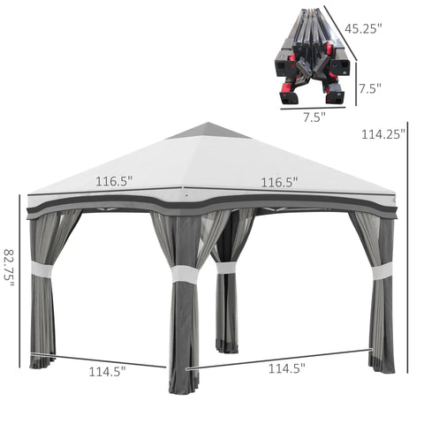 10x10 Pop Up Canopy Tent With Netting For Outdoor Parties Instant Setup Easy Setup Gazebo with dimensions and details shown