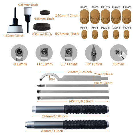 RUITOOL carbide wood lathe tool set with bowl sander rougher finisher 1in/2in mandrels sandpapers aluminum handles