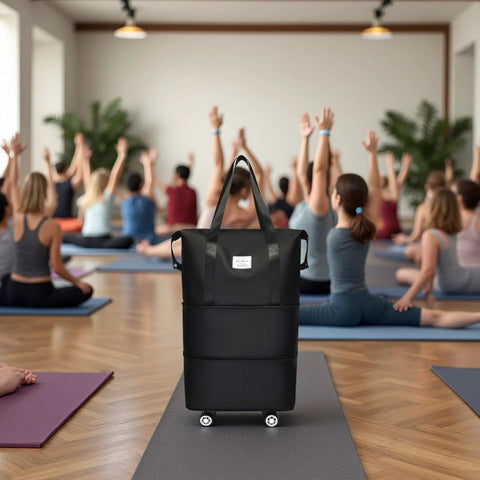 Front view of black expandable rolling duffel bag with 64L capacity and spinner wheels.