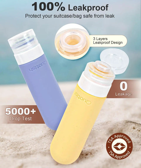 Leakproof Travel Bottles 6 Pack, 3 Oz TSA Approved Refillable Silicone Containers on sand, showing leakproof lid
