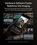 Phone Camera Master Grip Kit For Samsung Galaxy S26 Ultra With Case And 10X Flash in use with software enhancements on screen.